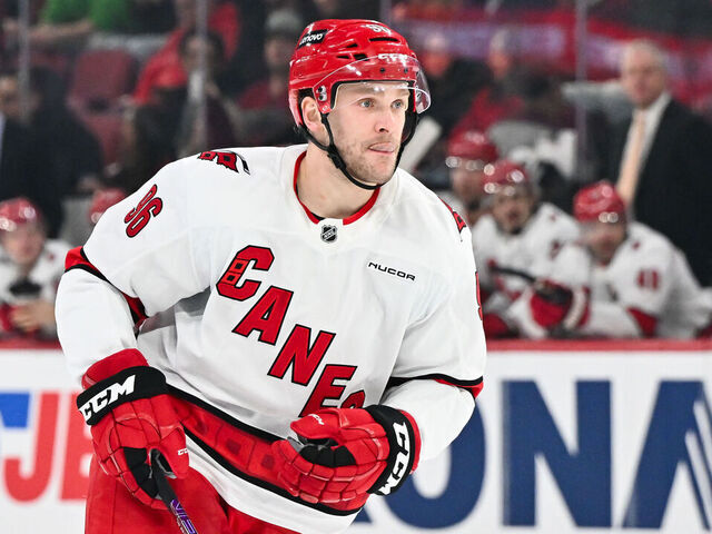 MONTREAL, CANADA - FEBRUARY 25: Mikko Rantanen #96 of the Carolina Hurricanes skates during the first period against the Montreal Canadiens at the Bell Centre on February 25, 2025 in Montreal, Quebec, Canada. The Montreal Canadiens defeated the Carolina Hurricanes 4-0.