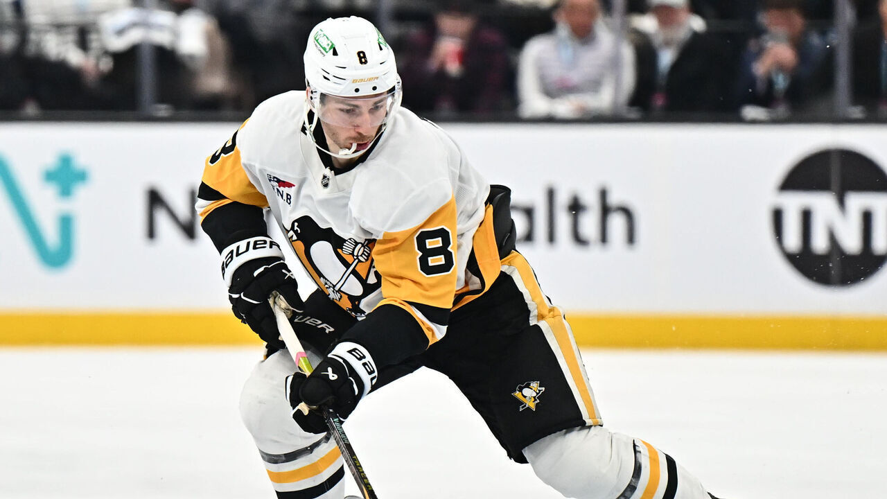 SALT LAKE CITY, UTAH - JANUARY 29: Michael Bunting #8 of the Pittsburgh Penguins skates against the Utah Hockey Club on January 29, 2025 at Delta Center in Salt Lake City, Utah.