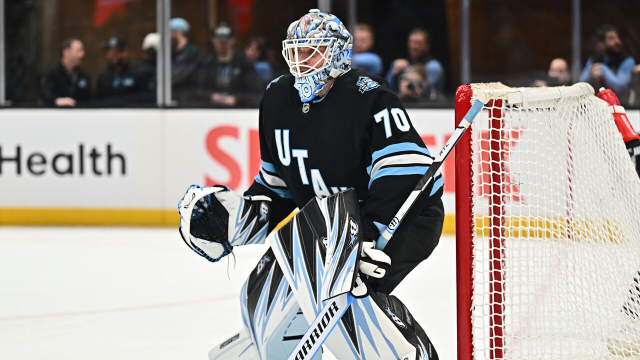 SALT LAKE CITY, UTAH - FEBRUARY 23: Goaltender Karel Vejmelka #70 of the Utah Hockey Club defends the net against the Vancouver Canucks on February 23, 2025 at Delta Center in Salt Lake City, Utah.