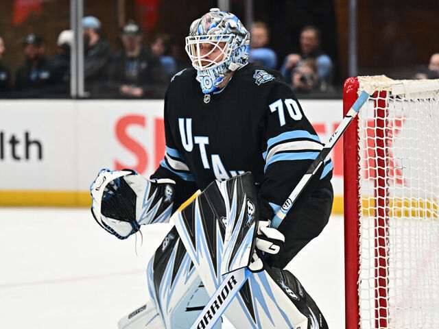 SALT LAKE CITY, UTAH - FEBRUARY 23: Goaltender Karel Vejmelka #70 of the Utah Hockey Club defends the net against the Vancouver Canucks on February 23, 2025 at Delta Center in Salt Lake City, Utah.