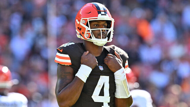 CLEVELAND, OHIO - OCTOBER 20: Deshaun Watson #4 of the Cleveland Browns looks on during the second quarter of a game against the Cincinnati Bengals at Huntington Bank Field on October 20, 2024 in Cleveland, Ohio.