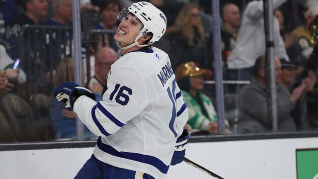LAS VEGAS, NEVADA - MARCH 05: Mitch Marner #16 of the Toronto Maple Leafs reacts during the first period against the Vegas Golden Knights at T-Mobile Arena on March 05, 2025 in Las Vegas, Nevada.