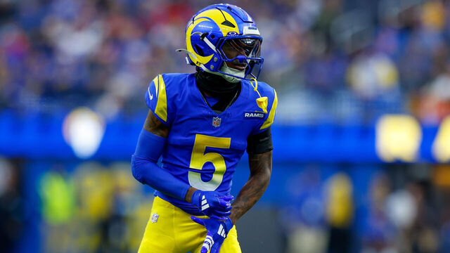 INGLEWOOD, CA - DECEMBER 08: Los Angeles Rams wide receiver Tutu Atwell (5) lines up during an NFL game between the Buffalo Bills and Los Angeles Rams on December 8, 2024, at SoFi Stadium in Inglewood, CA.