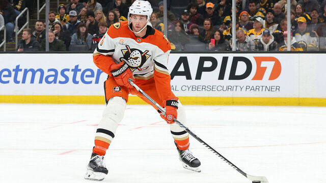 BOSTON, MA - FEBRUARY 22: Anaheim Ducks defenseman Brian Dumoulin (6) skates with the puck during the NHL game between Anaheim Ducks and Boston Bruins on February 22, 2025, at TD Garden in Boston, MA.