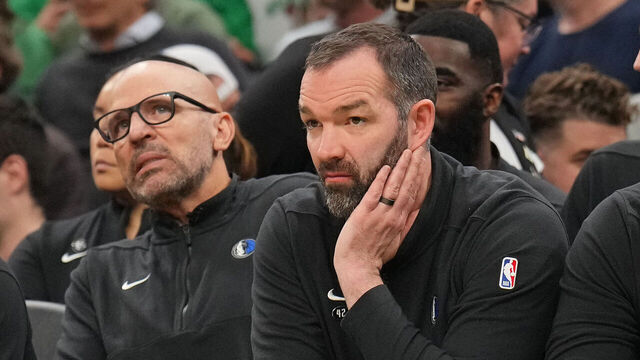 BOSTON, MA - JUNE 9: Head Coach Jason Kidd of the Dallas Mavericks, Assistant Coach Alex Jensen of the Dallas Mavericks and Assistant Coach Jared Dudley of the Dallas Mavericks looks on during the game against the Boston Celtics during Game 2 of the 2024 NBA Finals on June 9, 2024 at the TD Garden in Boston, Massachusetts. Mandatory Copyright Notice: Copyright 2024 NBAE