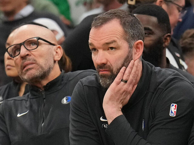 BOSTON, MA - JUNE 9: Head Coach Jason Kidd of the Dallas Mavericks, Assistant Coach Alex Jensen of the Dallas Mavericks and Assistant Coach Jared Dudley of the Dallas Mavericks looks on during the game against the Boston Celtics during Game 2 of the 2024 NBA Finals on June 9, 2024 at the TD Garden in Boston, Massachusetts. Mandatory Copyright Notice: Copyright 2024 NBAE