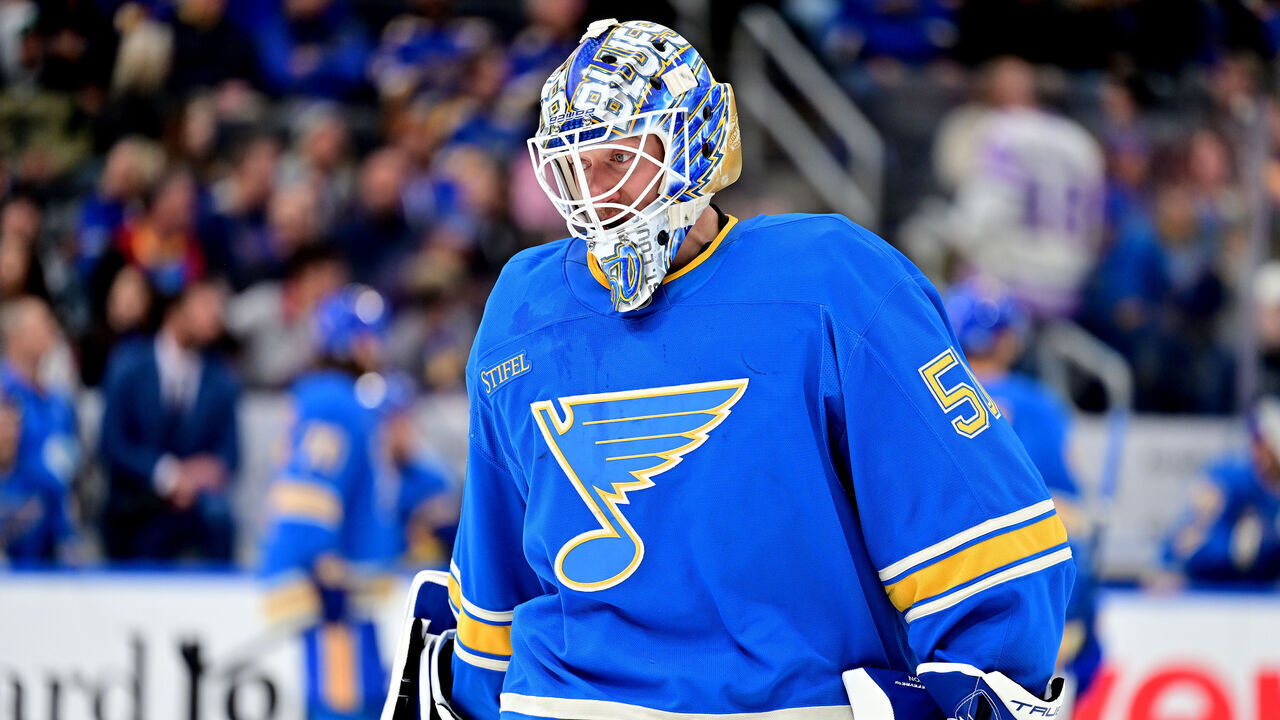 ST. LOUIS, MO - MARCH 01: St. Louis Blues goaltender Jordan Binnington (50) as seen during an NHL game between the Los Angeles Kings and the St. Louis Blues on March 01, 2025, at Enterprise Center, St. Louis, MO.