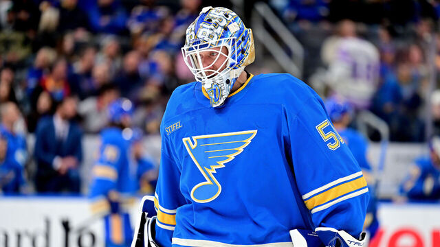 ST. LOUIS, MO - MARCH 01: St. Louis Blues goaltender Jordan Binnington (50) as seen during an NHL game between the Los Angeles Kings and the St. Louis Blues on March 01, 2025, at Enterprise Center, St. Louis, MO.