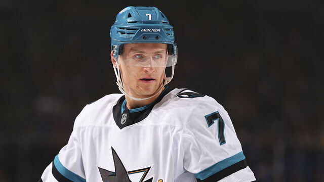 BUFFALO, NEW YORK - MARCH 4: Nico Sturm #7 of the San Jose Sharks looks on during the first period against the Buffalo Sabres on March 4, 2025 at KeyBank Center in Buffalo, New York.