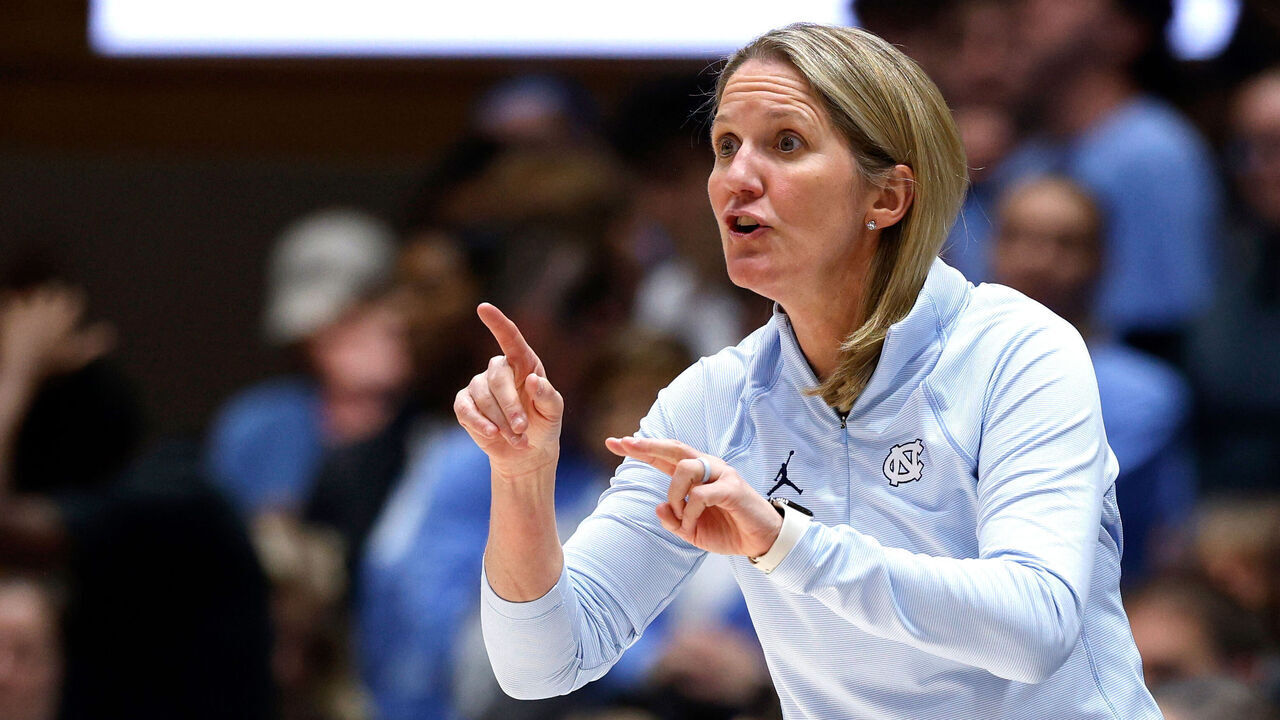 DURHAM, NORTH CAROLINA - FEBRUARY 27: Head coach Courtney Banghart of the North Carolina Tar Heels directs her team during the first half against the Duke Blue Devils at Cameron Indoor Stadium on February 27, 2025 in Durham, North Carolina.