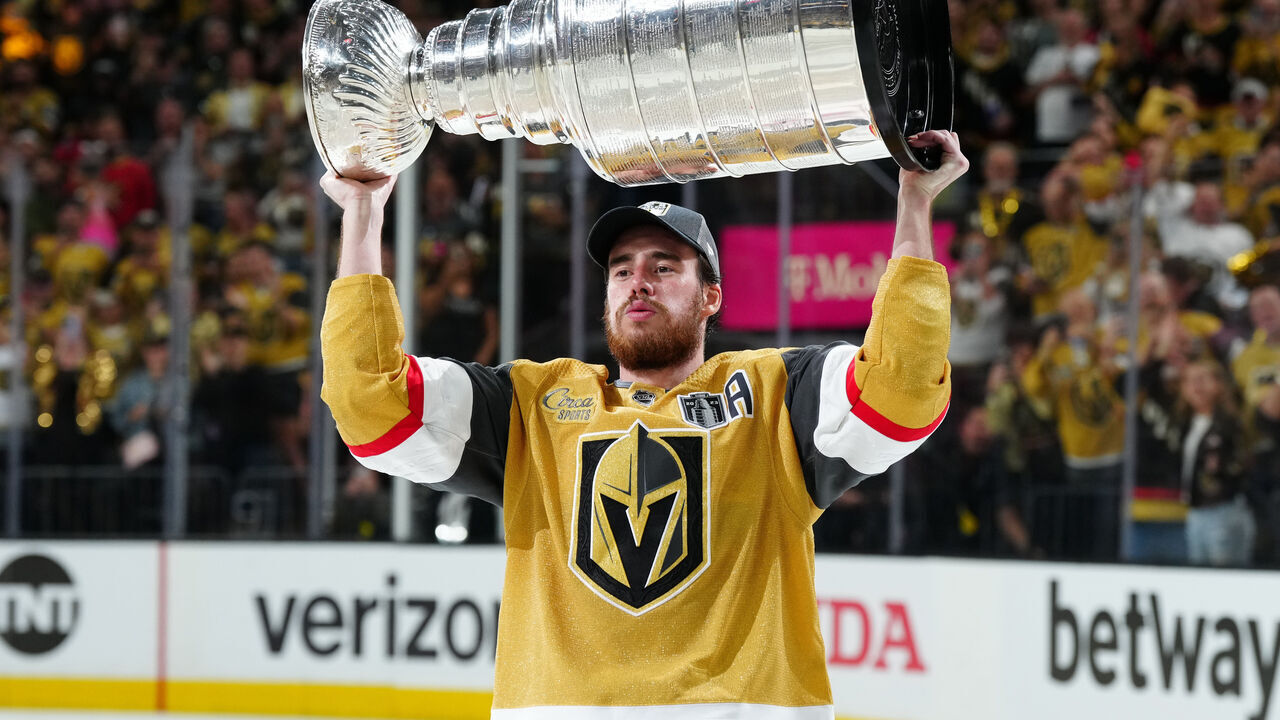 LAS VEGAS, NEVADA - JUNE 13: Reilly Smith #19 of the Vegas Golden Knights celebrates with the Stanley Cup after a 9-3 victory against the Florida Panthers in Game Five of the 2023 NHL Stanley Cup Final at T-Mobile Arena on June 13, 2023 in Las Vegas, Nevada.