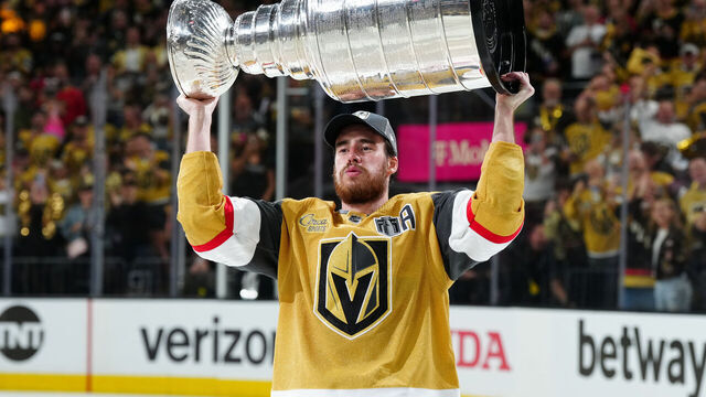 LAS VEGAS, NEVADA - JUNE 13: Reilly Smith #19 of the Vegas Golden Knights celebrates with the Stanley Cup after a 9-3 victory against the Florida Panthers in Game Five of the 2023 NHL Stanley Cup Final at T-Mobile Arena on June 13, 2023 in Las Vegas, Nevada.