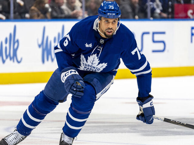 TORONTO, ON - DECEMBER 31: Ryan Reaves #75 of the Toronto Maple Leafs skates against the New York Islandersat the Scotiabank Arena on December 31, 2024 in Toronto, Ontario, Canada.