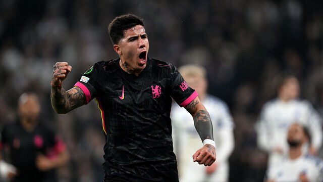 COPENHAGEN, DENMARK - MARCH 06: Enzo Fernandez of Chelsea celebrates scoring his team's second goal during the UEFA Conference League 2024/25 Round of 16 First Leg match between F.C. Copenhagen and Chelsea FC at Parken Stadium on March 06, 2025 in Copenhagen, Denmark.