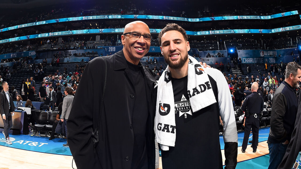 CHARLOTTE, NC - FEBRUARY 17: Mychal Thompson and Klay Thompson #11 of Team LeBron pose for a photo the 2019 NBA All-Star Game on February 17, 2019 at the Spectrum Center in Charlotte, North Carolina. NOTE TO USER: User expressly acknowledges and agrees that, by downloading and/or using this photograph, user is consenting to the terms and conditions of the Getty Images License Agreement. Mandatory Copyright Notice: Copyright 2019 NBAE