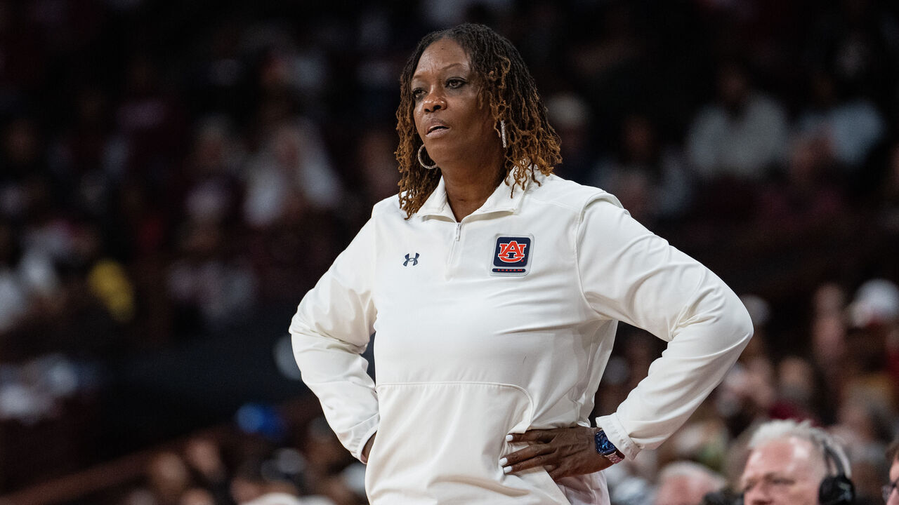 COLUMBIA, SOUTH CAROLINA - FEBRUARY 02: Head coach Johnnie Harris of the Auburn Tigers looks on in the first half during their game against the South Carolina Gamecocks at Colonial Life Arena on February 02, 2025 in Columbia, South Carolina.