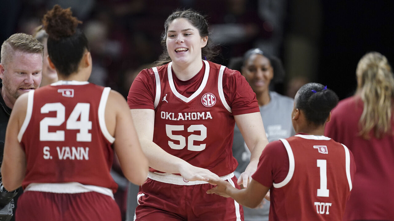 COLUMBIA, SOUTH CAROLINA - JANUARY 18: Raegan Beers #52 of the Oklahoma Sooners and teammates are introduced before an NCAA women's basketball game against the South Carolina Gamecocks at Colonial Life Arena on January 18, 2024 in Columbia, South Carolina. The South Carolina Gamecocks won 101-60.