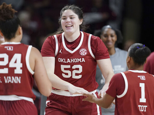 COLUMBIA, SOUTH CAROLINA - JANUARY 18: Raegan Beers #52 of the Oklahoma Sooners and teammates are introduced before an NCAA women's basketball game against the South Carolina Gamecocks at Colonial Life Arena on January 18, 2024 in Columbia, South Carolina. The South Carolina Gamecocks won 101-60.