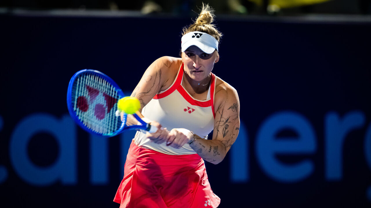 DOHA, QATAR - FEBRUARY 10: Marketa Vondrousova of the Czech Republic in action against Elina Svitolina of Ukraine in the first round on Day Two of the Qatar TotalEnergies Open, part of the Hologic WTA Tour at Khalifa International Tennis and Squash Complex on February 10, 2025 in Doha, Qatar