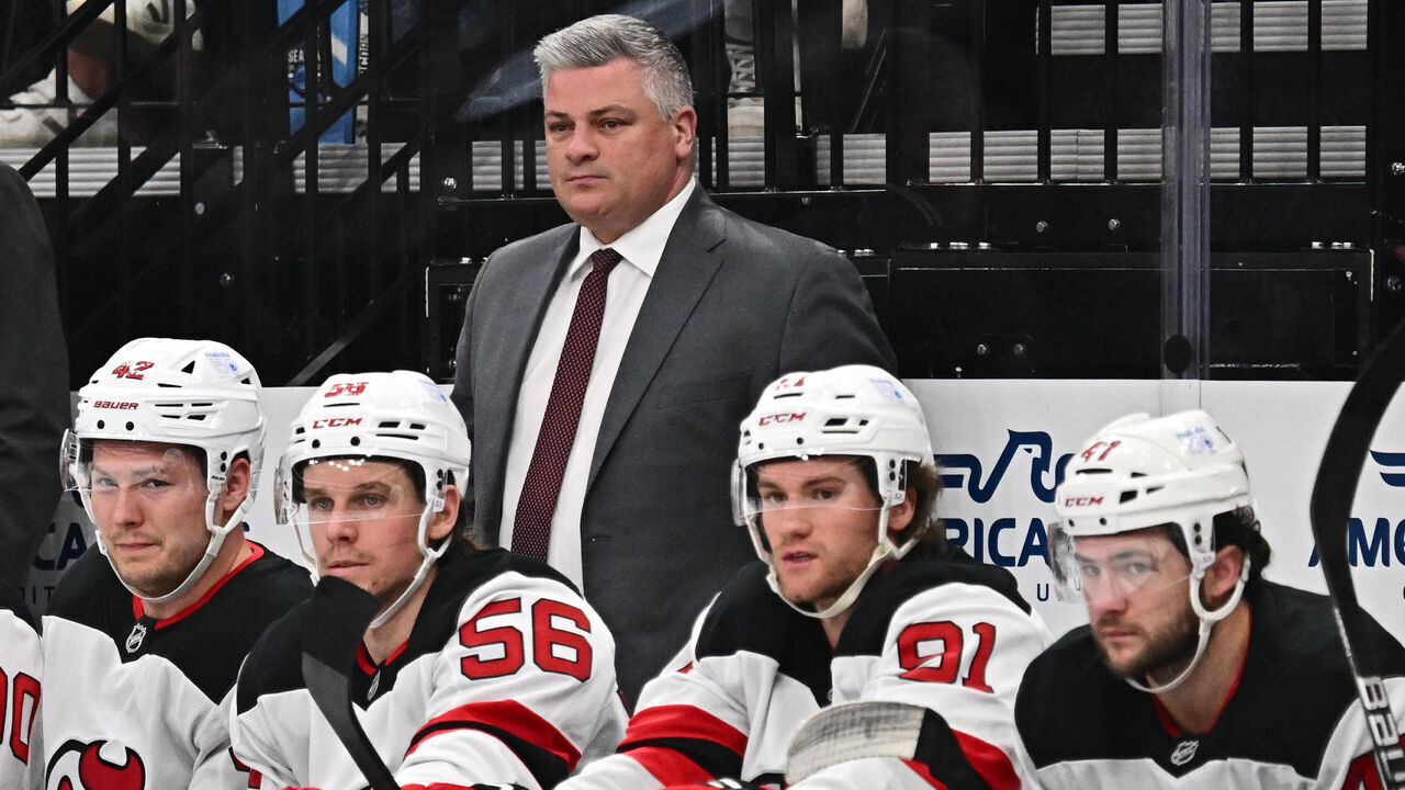 SALT LAKE CITY, UTAH - MARCH 01: Head Coach Sheldon Keefe of the New Jersey Devils watches his team play in the first period against the Utah Hockey Club on March 01, 2025 at Delta Center in Salt Lake City, Utah.