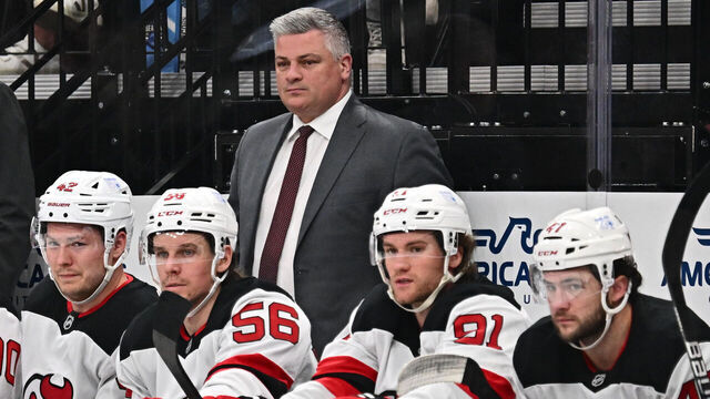 SALT LAKE CITY, UTAH - MARCH 01: Head Coach Sheldon Keefe of the New Jersey Devils watches his team play in the first period against the Utah Hockey Club on March 01, 2025 at Delta Center in Salt Lake City, Utah.