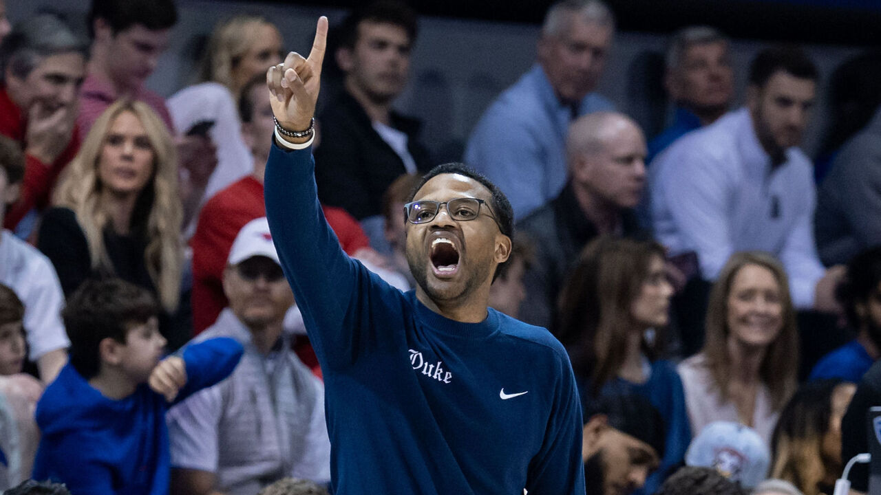 DALLAS, TX - JANUARY 04: Duke Blue Devils associate head coach Jai Lucas calls a play from the sideline during the college basketball game between the SMU Mustangs and the Duke Blue Devils on January 4, 2025, at Moody Coliseum in Dallas, TX.