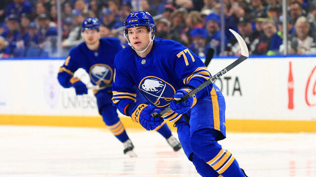 BUFFALO, NEW YORK - FEBRUARY 22: JJ Peterka #77 of the Buffalo Sabres skates against the New York Rangers during an NHL game on February 22, 2025 at KeyBank Center in Buffalo, New York.