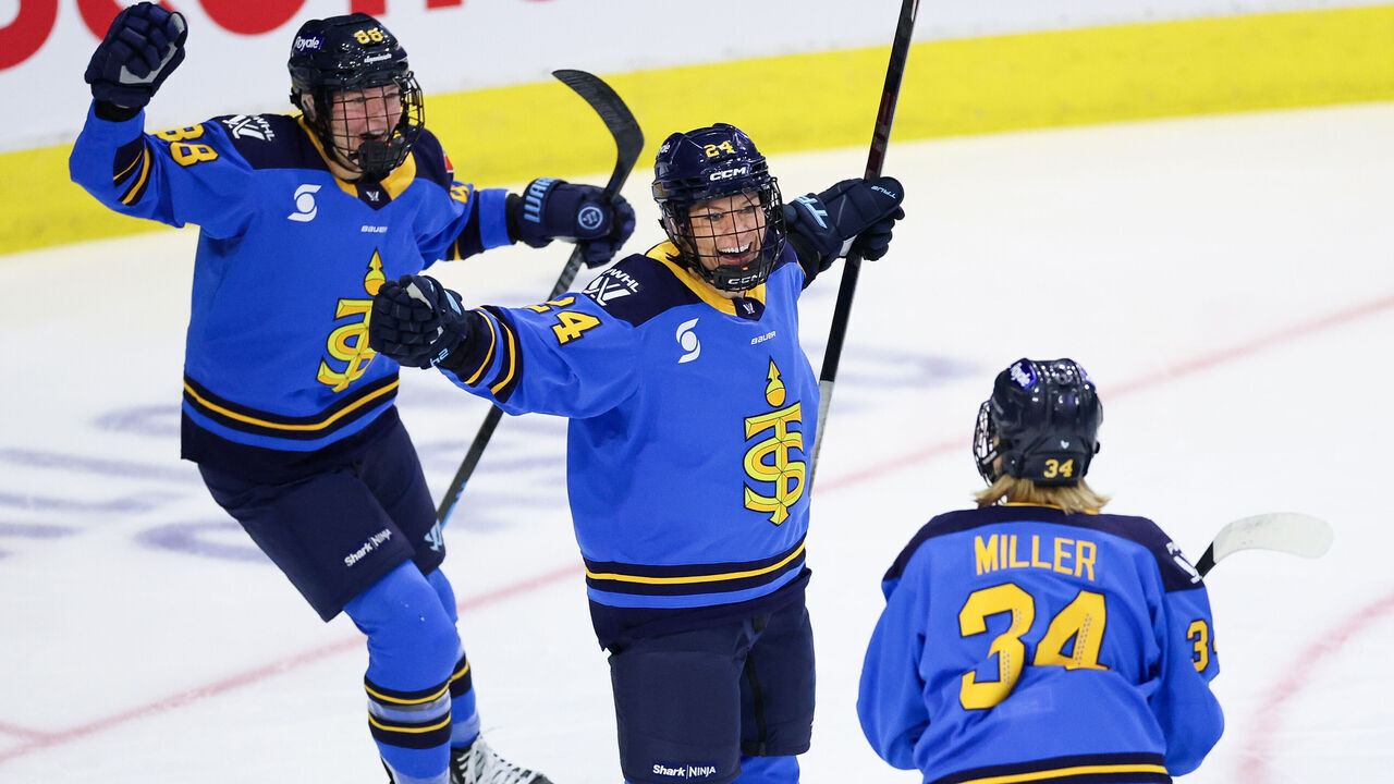 TORONTO, CANADA - MARCH 6: Natalie Spooner #24 of the Toronto Sceptres celebrates with teammates after scoring against the Montréal Victoire during the first period at Coca-Cola Coliseum on March 6, 2025 in Toronto, Ontario, Canada.