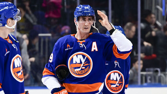 ELMONT, NEW YORK - MARCH 04: Brock Nelson #29 of the New York Islanders waves to fans after the team's 3-2 win against the Winnipeg Jets at UBS Arena on March 04, 2025 in Elmont, New York.