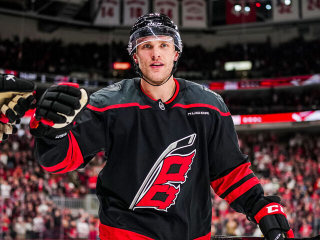 RALEIGH, NORTH CAROLINA - JANUARY 30: Mikko Rantanen #96 of the Carolina Hurricanes celebrates with teammates after a goal during the second period against the Chicago Blackhawks at Lenovo Center on January 30, 2025 in Raleigh, North Carolina.
