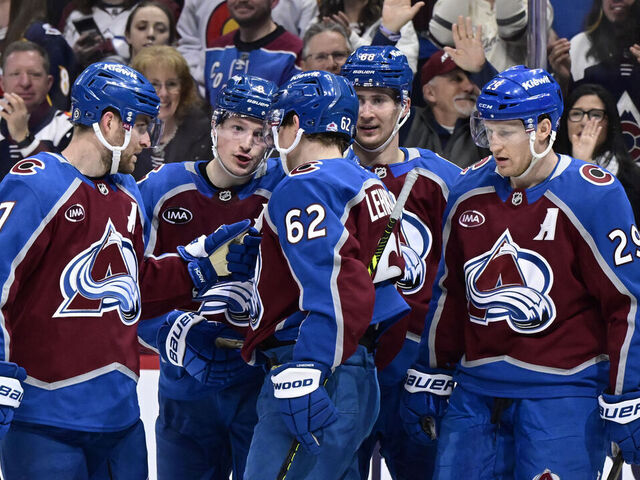 DENVER, CO - MARCH 06: Colorado Avalanche defenseman Devon Toews (7), Cale Makar (8), Artturi Lehkonen (62, Martin Necas (88) and Colorado Avalanche center Nathan MacKinnon (29) moments after Makar scored a goal against San Jose Sharks goaltender Alexandar Georgiev (40) in the third period at Ball Arena in Denver, Colorado on Thursday, March 06, 2025.