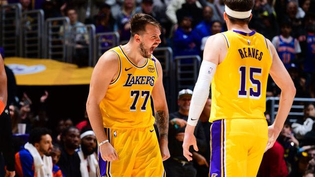 LOS ANGELES, CA - MARCH 6: Luka Doncic #77 of the Los Angeles Lakers celebrates during the game against the New York Knicks on March 6, 2025 at Crypto.Com Arena in Los Angeles, California. NOTE TO USER: User expressly acknowledges and agrees that, by downloading and/or using this Photograph, user is consenting to the terms and conditions of the Getty Images License Agreement. Mandatory Copyright Notice: Copyright 2025 NBAE