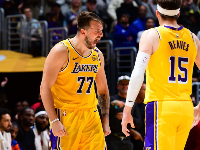 LOS ANGELES, CA - MARCH 6: Luka Doncic #77 of the Los Angeles Lakers celebrates during the game against the New York Knicks on March 6, 2025 at Crypto.Com Arena in Los Angeles, California. NOTE TO USER: User expressly acknowledges and agrees that, by downloading and/or using this Photograph, user is consenting to the terms and conditions of the Getty Images License Agreement. Mandatory Copyright Notice: Copyright 2025 NBAE