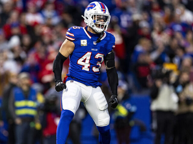 ORCHARD PARK, NEW YORK - NOVEMBER 17: Terrel Bernard #43 of the Buffalo Bills celebrates after sacking Patrick Mahomes #15 of the Kansas City Chiefs in the first quarter of the game at Highmark Stadium on November 17, 2024 in Orchard Park, New York. The Bills beat the Chiefs 30-21.