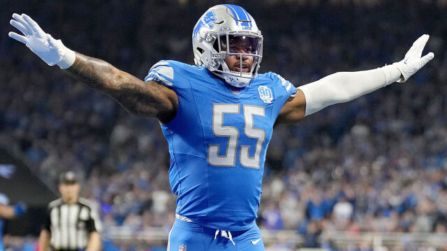 DETROIT, MICHIGAN - JANUARY 14: Derrick Barnes #55 of the Detroit Lions reacts against the Los Angeles Rams in the NFC Wild Card Playoffs at Ford Field on January 14, 2024 in Detroit, Michigan.