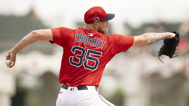 FORT MYERS, FLORIDA - MARCH 5: Garrett Crochet #35 of the Boston Red Sox pitches during a Grapefruit League game against the Tampa Bay Rays at JetBlue Park at Fenway South in Fort Myers, Florida on March 5, 2025.