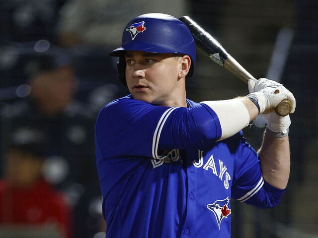 TAMPA, FLORIDA - FEBRUARY 28: Alan Roden #83 of the Toronto Blue Jays at bat in the fourth inning during a spring training game against the New York Yankees at George M. Steinbrenner Field on February 28, 2025 in Tampa, Florida.