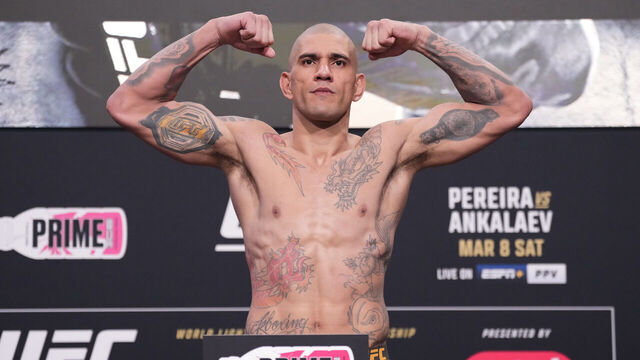 LAS VEGAS, NEVADA - MARCH 07: Alex Pereira of Brazil poses on the scale during the UFC 313 official weigh-in at UFC APEX on March 07, 2025 in Las Vegas, Nevada.