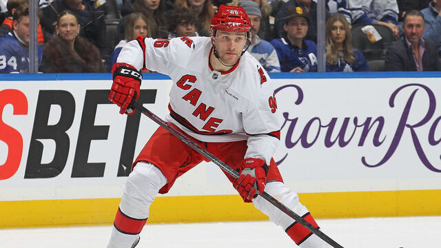 TORONTO, CANADA - FEBRUARY 22: Mikko Rantanen #96 of the Carolina Hurricanes skates against the Toronto Maple Leafs during the first period in an NHL game at Scotiabank Arena on February 22, 2025 in Toronto, Ontario, Canada.