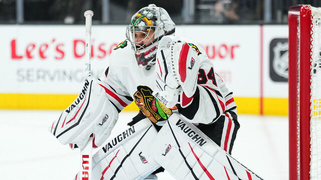 LAS VEGAS, NEVADA - FEBRUARY 27: Petr Mrazek #34 of the Chicago Blackhawks tends net against the Vegas Golden Knights at T-Mobile Arena on February 27, 2025 in Las Vegas, Nevada.