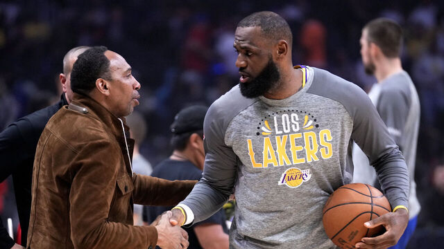 Los Angeles, CA - March 03: LeBron James #6 of the Los Angeles Lakers greets ESPNs Stephen A. Smith prior to a NBA basketball game against the LA Clippers at the Crypto.com Arena in Los Angeles on Thursday, March 3, 2022.