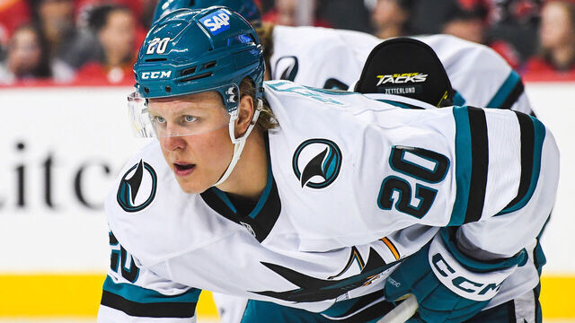 CALGARY, CANADA - FEBRUARY 23: Fabian Zetterlund #20 of the San Jose Sharks in action against the Calgary Flames during an NHL game at Scotiabank Saddledome on February 23, 2025 in Calgary, Alberta, Canada.