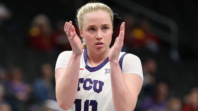 KANSAS CITY, MO - MARCH 08: TCU Horned Frogs guard Hailey Van Lith (10) claps to encourage her teammate late in the fourth quarter of a women's Big 12 tournament quarterfinal game between the Colorado Buffaloes and the TCU Horned Frogs on March 7, 2025 at T-Mobile Center in Kansas City, MO.