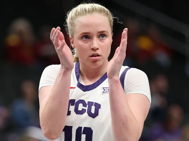 KANSAS CITY, MO - MARCH 08: TCU Horned Frogs guard Hailey Van Lith (10) claps to encourage her teammate late in the fourth quarter of a women's Big 12 tournament quarterfinal game between the Colorado Buffaloes and the TCU Horned Frogs on March 7, 2025 at T-Mobile Center in Kansas City, MO.
