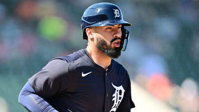 LAKELAND, FLORIDA - FEBRUARY 26: Gleyber Torres #25 of the Detroit Tigers runs to first base in the fourth inning against the Minnesota Twins during a Grapefruit League spring training game at Publix Field at Joker Marchant Stadium on February 26, 2025 in Lakeland, Florida.