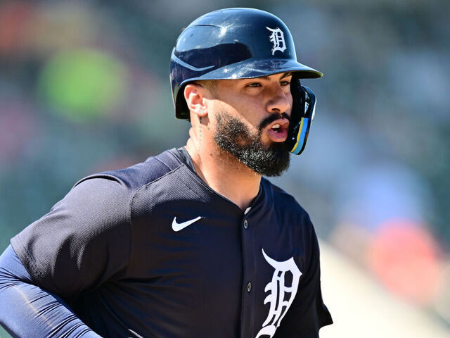 LAKELAND, FLORIDA - FEBRUARY 26: Gleyber Torres #25 of the Detroit Tigers runs to first base in the fourth inning against the Minnesota Twins during a Grapefruit League spring training game at Publix Field at Joker Marchant Stadium on February 26, 2025 in Lakeland, Florida.