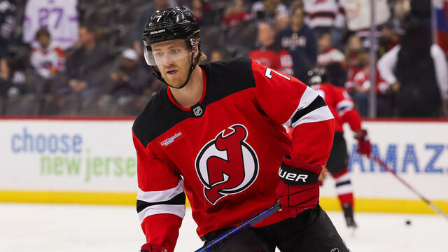 NEWARK, NJ - FEBRUARY 22: New Jersey Devils defenseman Dougie Hamilton (7) warms up before a NHL game between the Dallas Stars and New Jersey Devils at Prudential Center on February 22, 2025 in Newark, New Jersey.
