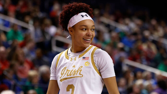 GREENSBORO, NORTH CAROLINA - MARCH 7: Hannah Hidalgo #3 of the Notre Dame Fighting Irish reacts during the second half against the California Golden Bears in a quarterfinals game of the ACC women's basketball tournament at First Horizon Coliseum on March 7, 2025 in Greensboro, North Carolina.