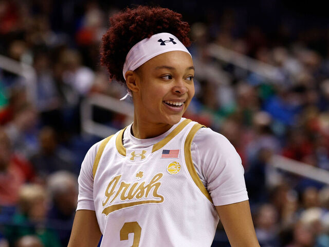 GREENSBORO, NORTH CAROLINA - MARCH 7: Hannah Hidalgo #3 of the Notre Dame Fighting Irish reacts during the second half against the California Golden Bears in a quarterfinals game of the ACC women's basketball tournament at First Horizon Coliseum on March 7, 2025 in Greensboro, North Carolina.