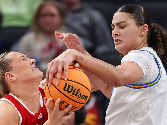 INDIANAPOLIS, INDIANA - MARCH 07: Alexis Markowski #40 of the Nebraska Cornhuskers has the ball blocked by Lauren Betts #51 of the UCLA Bruins during the second half in the Big Ten Women's Basketball Tournament quarterfinals at Gainbridge Fieldhouse on March 7, 2025 in Indianapolis, Indiana.